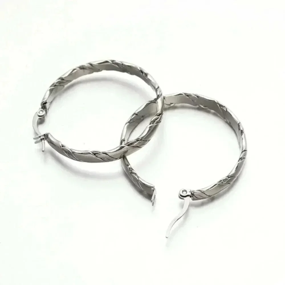 Surgical Stainless Steel Silver Twisted Rope Flat Round Hoop Earrings 36mm